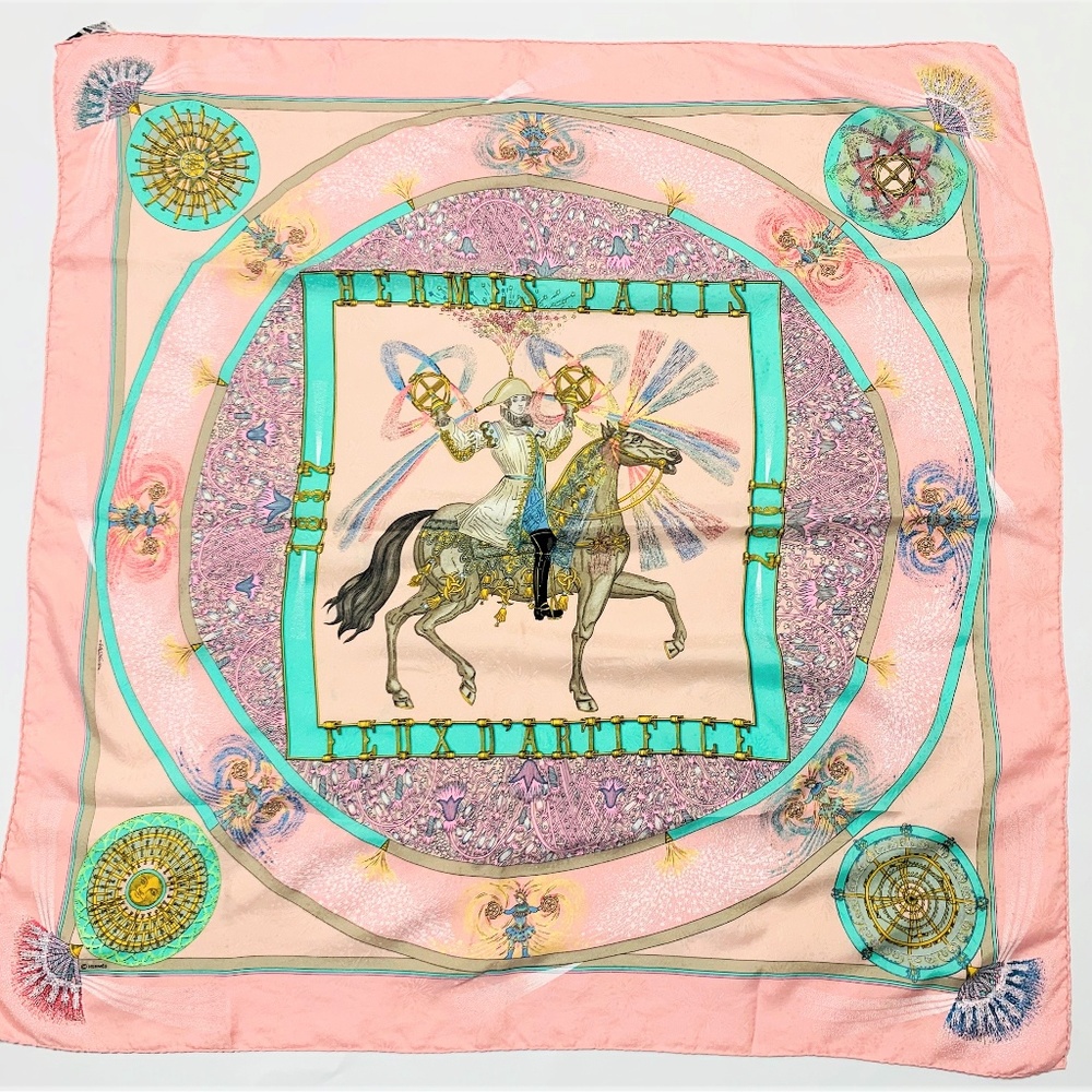VINTAGE ROSE HERMES SILK SCARF FEUX D’ ARTIFICE M.